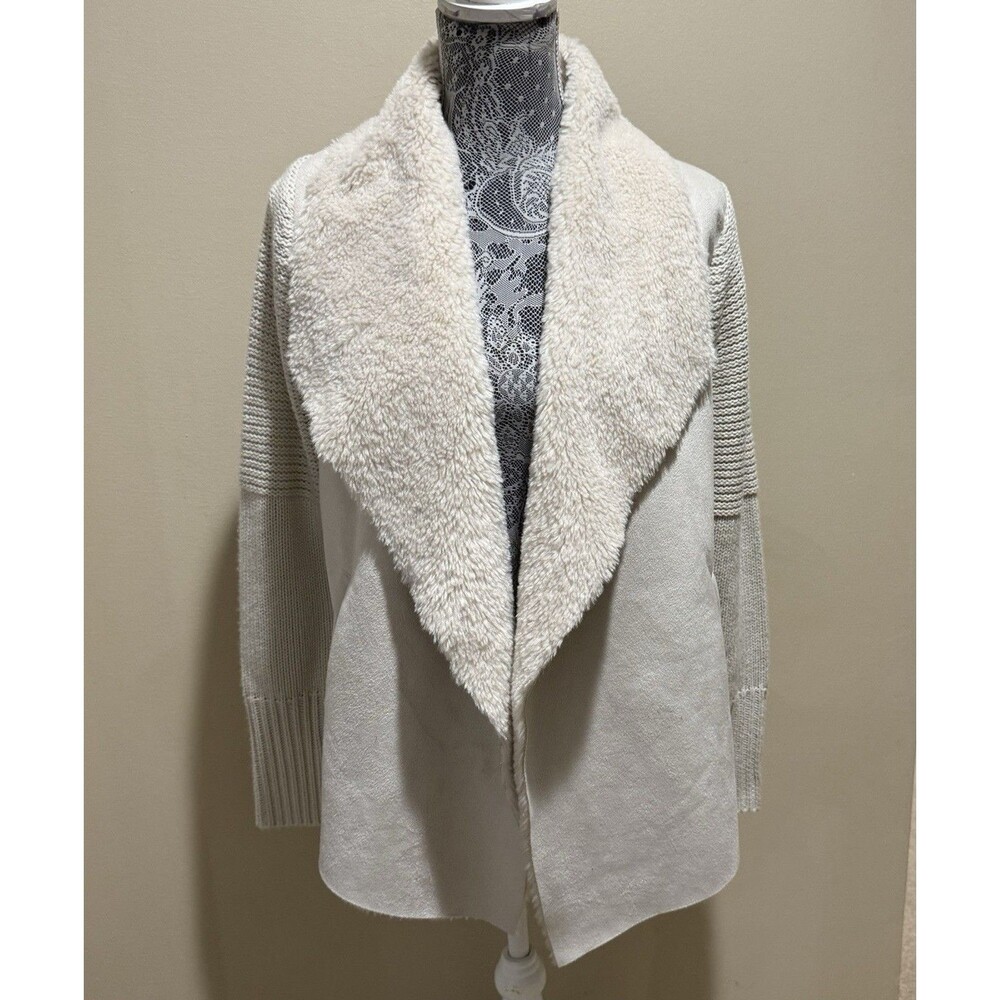 Context Womens Beige Faux Suede Knit Cardigan Jacket Sherpa Faux Fur Trim Coat M